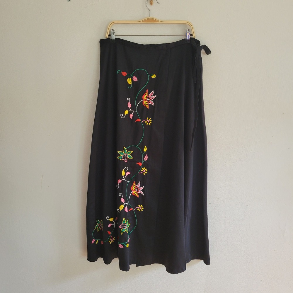 Handmade Floral Embroidered Wrap Maxi Skirt Large Black Boho Chic Whimsigoth Y2K